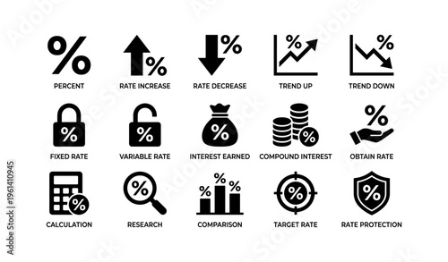 Financial symbols set: percent, rate, interest, protection icons