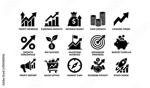 Business and finance icons representing growth, revenue, and market expansion