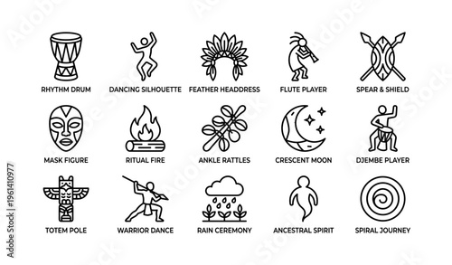 Cultural symbols of rituals and traditions featuring musical instruments and dance