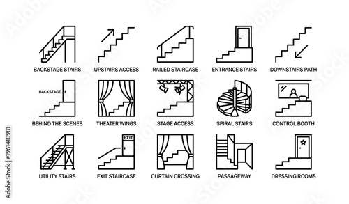 Theater stage icons: backstage, spiral stairs, dressing rooms, control booth, curtains