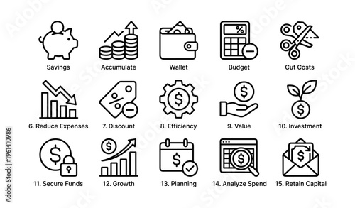 Financial planning icons: savings, budget, investment, expenses, growth