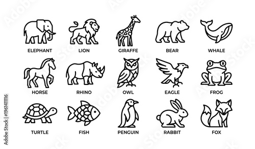 Black and white animal outline icons featuring giraffe, owl, whale, and more