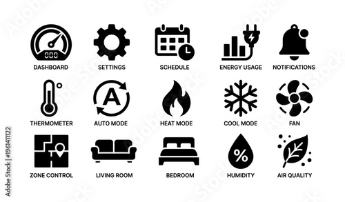 Home automation icons: dashboard, settings, schedule, energy usage, notifications