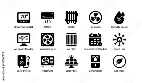Smart home devices icons: thermostat, ac, heater, vent, solar panel, eco mode