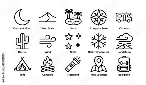 Minimalist icon set featuring camping elements and weather symbols