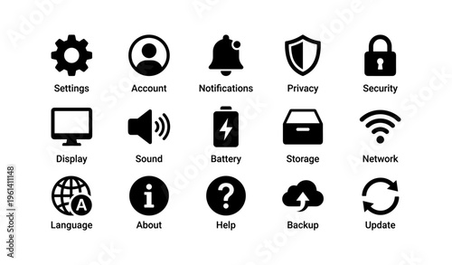 Computer and mobile user interface icon set including settings and security