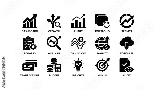 Business finance icons collection: growth, trends, analysis, budget, insights