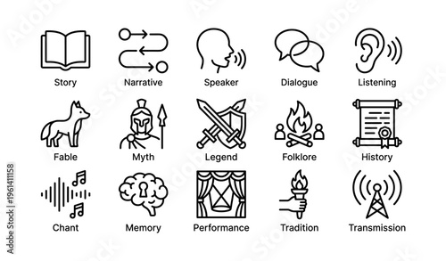 Storytelling icons featuring myth, folklore, and tradition symbols