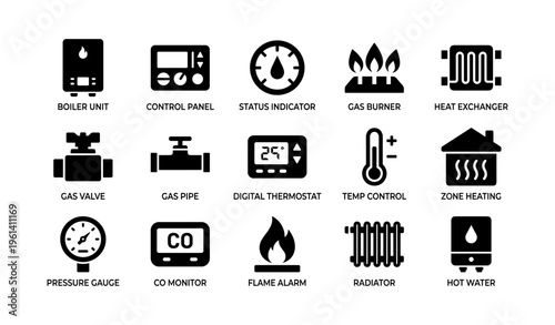 Home heating system icons: boiler, thermostat, radiator, gas valve, pressure gauge