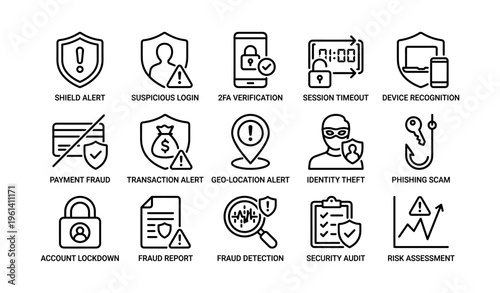 Cybersecurity icons collection: alerts, identity theft, fraud detection, security measures