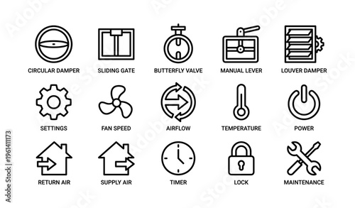 Hvac system icons set: circular damper, valve, fan speed, airflow, temperature, tools