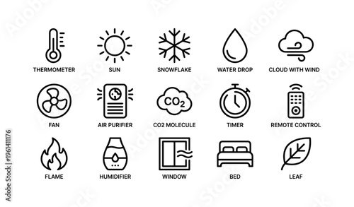 Weather and home appliance icons: thermometer, sun, snowflake, water drop, fan