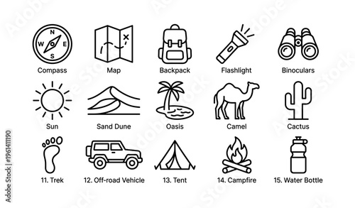 Adventure icons set: compass, map, backpack, flashlight, binoculars, nature elements