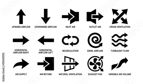 Airflow and ventilation symbols set for hvac systems icons