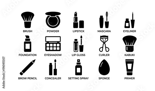 Silhouette icons of makeup tools and products including brush and lipstick