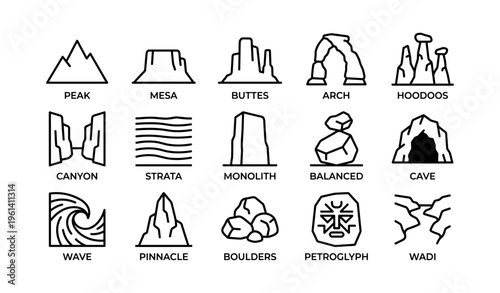 Geological formations icons: peak, mesa, buttes, arch, hoodoos, canyon, strata, monolith, balanced, cave
