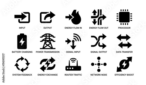 Set of black energy and network icons including input, output, processor, and data transfer symbols