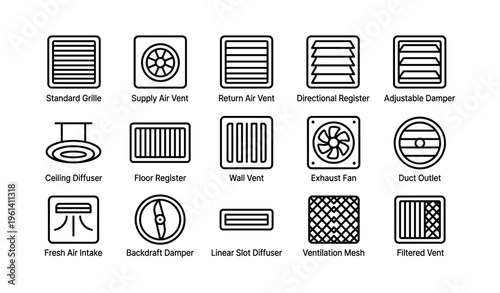 Overview of air ventilation components: grilles, registers, dampers, diffusers, fans