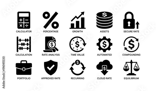 Finance icons: calculator, percentage, growth, assets, security, analysis, automation