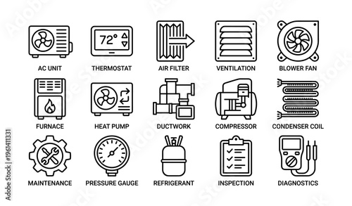 Hvac system components icons featuring ac unit, thermostat, air filter, and blower fan