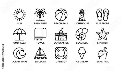 Summer icons: beach ball, palm tree, sandcastle, lighthouse, lifebuoy