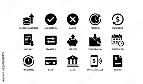 Financial icons set representing transactions transfers and banking operations