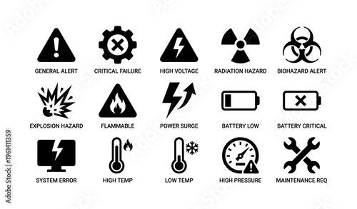 Safety and alert icons: general, radiation, biohazard, explosion, flammable, battery