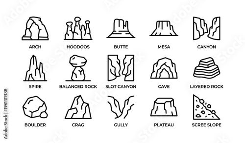 Geological formations icons: arch, hoodoos, butte, mesa, canyon, spire, rock