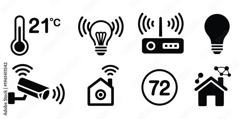 Fototapeta premium Smart home technology icons, including temperature control, security camera, and wireless connectivity symbols, representing home automation, IoT devices, and connected living concepts, minimal flat 