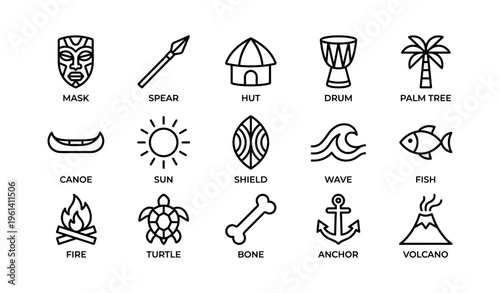 Tribal symbols: mask, spear, drum, canoe, and more in line art