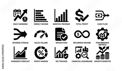 Business performance metrics icons collection with earnings and revenue symbols