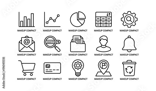 Outline icons for business: graphs, settings, and tools
