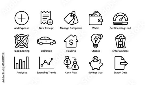 Financial management icons: expense, wallet, analytics, savings goal, export data