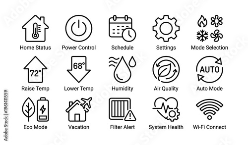 Smart home climate control icons for thermostat and system management