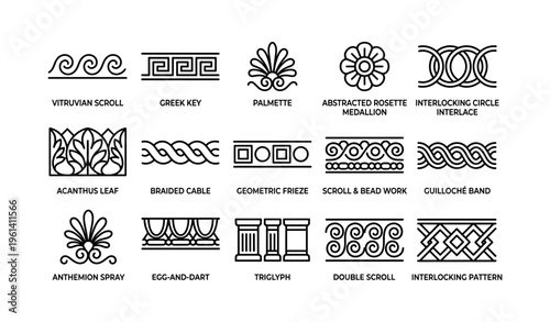 Intricate architectural ornamentation designs: vitruvian scroll, greek key, palmette, freize, guilloche