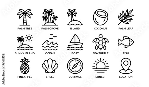 Tropical icons including palm trees, island, coconut, and sea life symbols