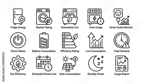 Smart appliance energy efficiency and consumption icons