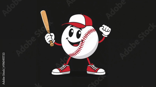 vector illustration of a cartoon baseball with arms and legs, wearing a red-and-white baseball cap and sneakers,
