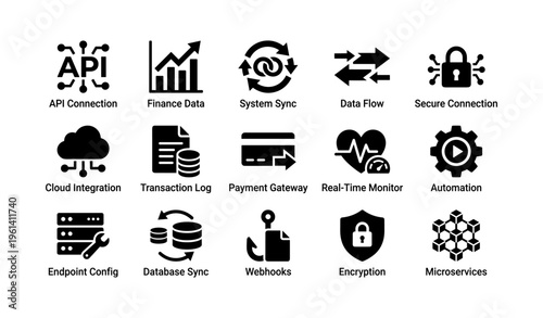 Tech icons: api, finance, data flow, security, automation