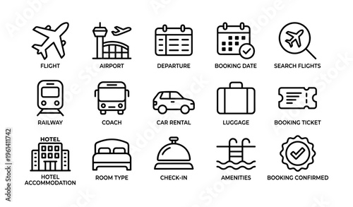 Travel icons: transportation, booking, accommodation, amenities