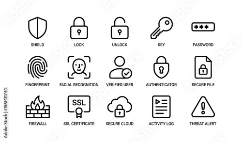 Security icons collection: lock, key, password, fingerprint, ssl certificate