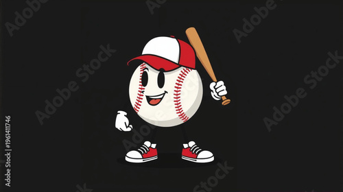 vector illustration of a cartoon baseball with arms and legs, wearing a red-and-white baseball cap and sneakers,