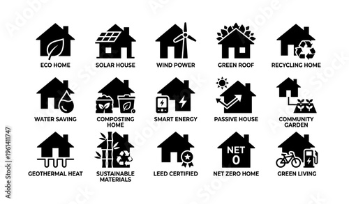 Eco-friendly living concepts: solar, wind, green roof, recycling, water saving icons