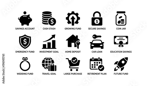 Financial planning icons including savings account, cash stash, investment goals, and education savings