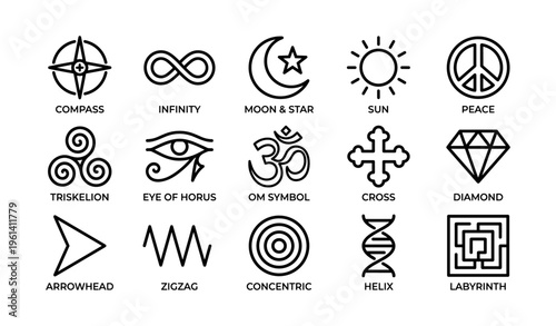 Symbols collection: compass, infinity, moon, sun, peace, and more