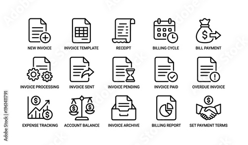 Icons for invoicing, billing, and payment management process
