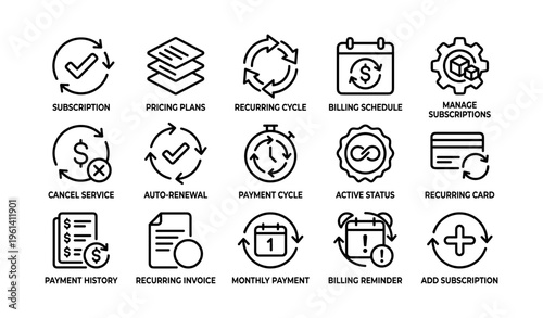 Set of icons for subscription management and billing processes