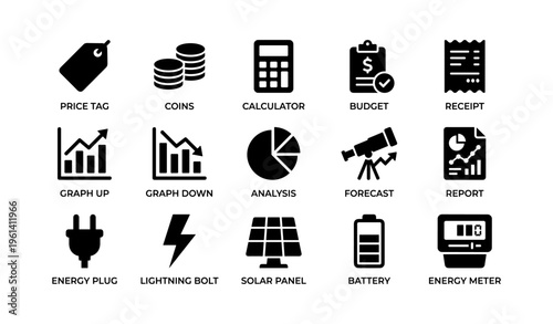 Black icons: finance, energy, and analysis symbols in simple design