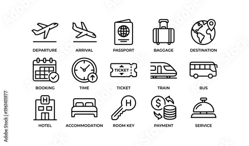 Travel and accommodation icons including airplane passport and hotel symbols