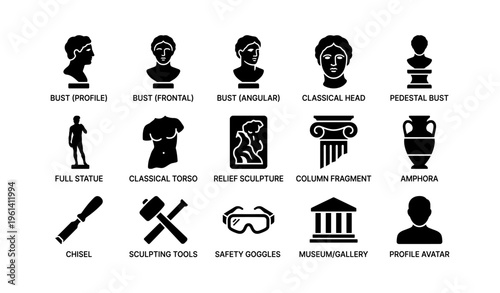 Classical art icons displaying busts, sculptures, tools